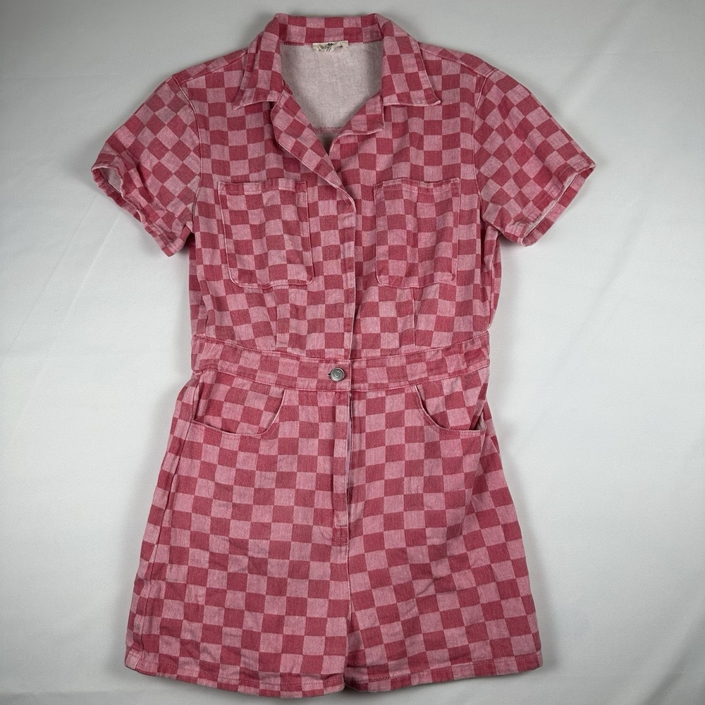 Entro Pink Checkered Romper Size S Button Front Collared Elastic Waist Y2K Retro